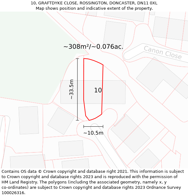 10, GRAFTDYKE CLOSE, ROSSINGTON, DONCASTER, DN11 0XL: Plot and title map