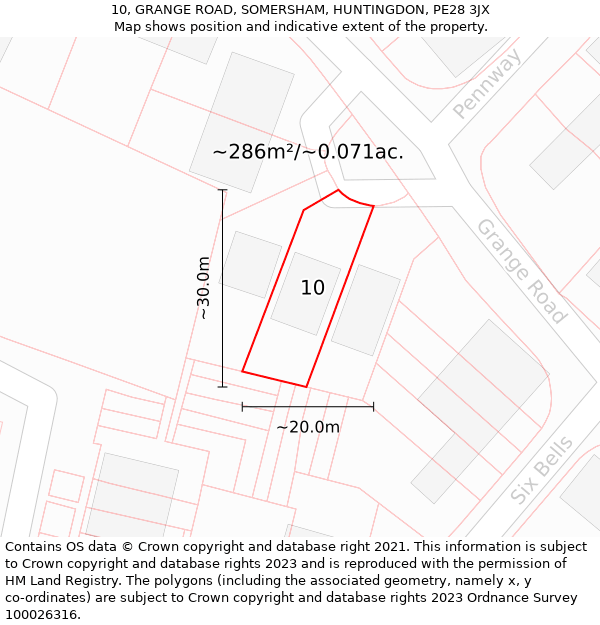 10, GRANGE ROAD, SOMERSHAM, HUNTINGDON, PE28 3JX: Plot and title map