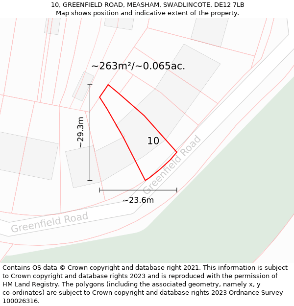 10, GREENFIELD ROAD, MEASHAM, SWADLINCOTE, DE12 7LB: Plot and title map