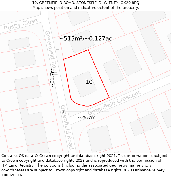 10, GREENFIELD ROAD, STONESFIELD, WITNEY, OX29 8EQ: Plot and title map