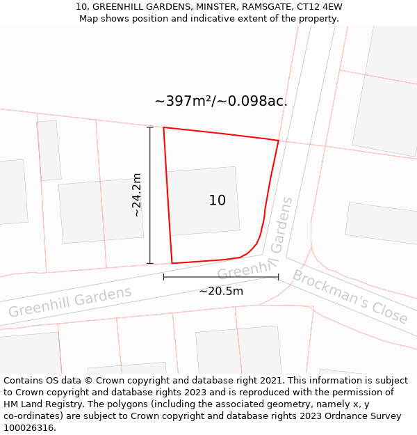 10, GREENHILL GARDENS, MINSTER, RAMSGATE, CT12 4EW: Plot and title map