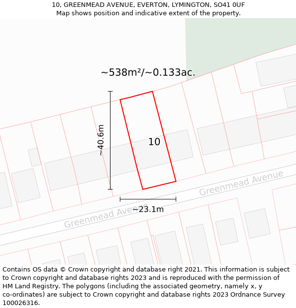 10, GREENMEAD AVENUE, EVERTON, LYMINGTON, SO41 0UF: Plot and title map