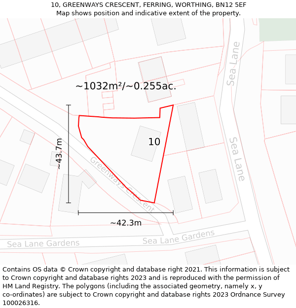 10, GREENWAYS CRESCENT, FERRING, WORTHING, BN12 5EF: Plot and title map