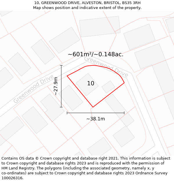 10, GREENWOOD DRIVE, ALVESTON, BRISTOL, BS35 3RH: Plot and title map