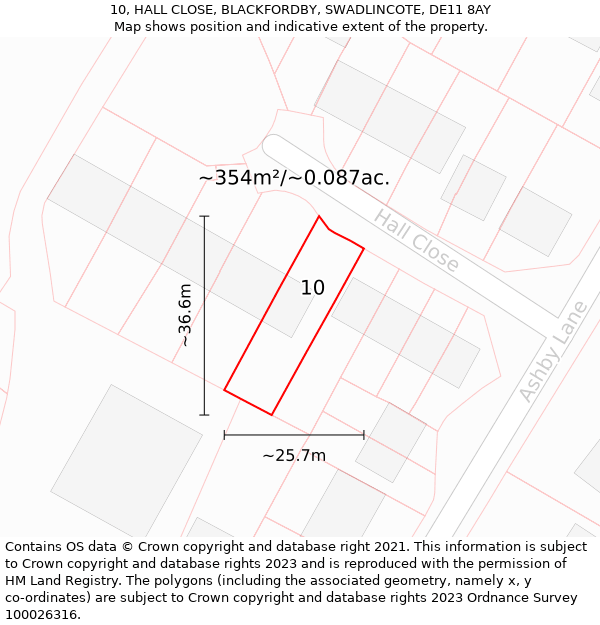 10, HALL CLOSE, BLACKFORDBY, SWADLINCOTE, DE11 8AY: Plot and title map