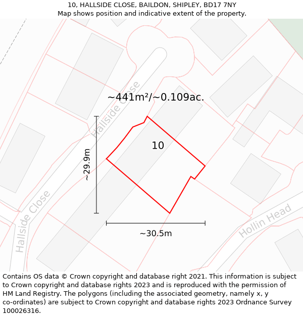 10, HALLSIDE CLOSE, BAILDON, SHIPLEY, BD17 7NY: Plot and title map
