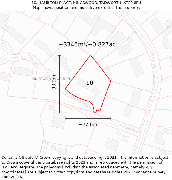 10, HAMILTON PLACE, KINGSWOOD, TADWORTH, KT20 6PU: Plot and title map