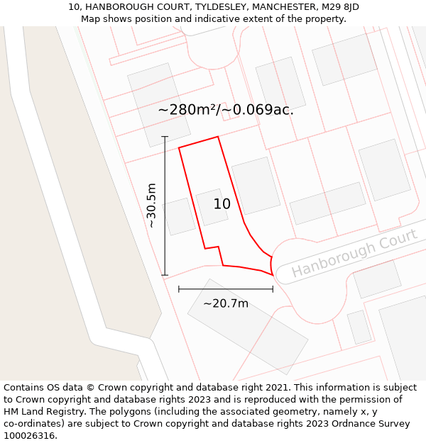 10, HANBOROUGH COURT, TYLDESLEY, MANCHESTER, M29 8JD: Plot and title map