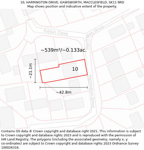 10, HARRINGTON DRIVE, GAWSWORTH, MACCLESFIELD, SK11 9RD: Plot and title map