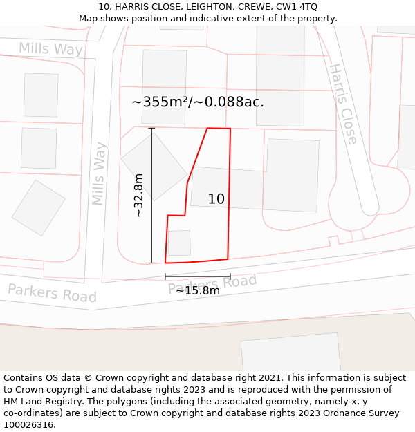 10, HARRIS CLOSE, LEIGHTON, CREWE, CW1 4TQ: Plot and title map