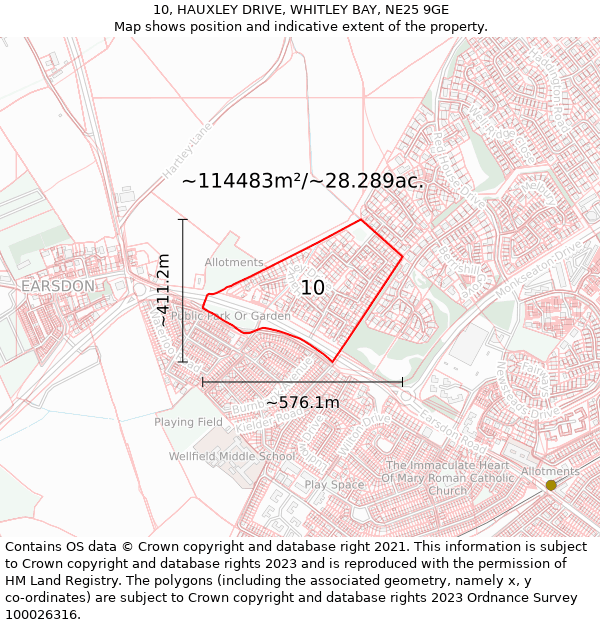 10, HAUXLEY DRIVE, WHITLEY BAY, NE25 9GE: Plot and title map