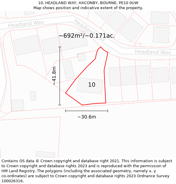 10, HEADLAND WAY, HACONBY, BOURNE, PE10 0UW: Plot and title map