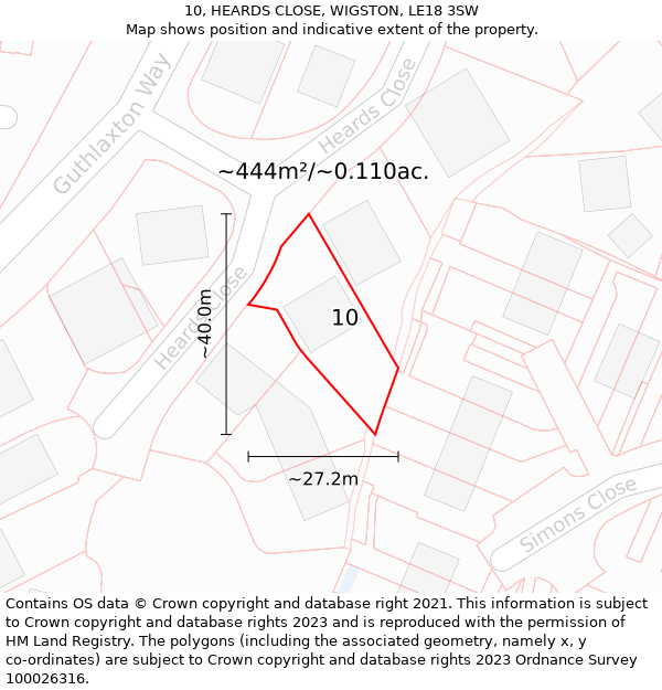 10, HEARDS CLOSE, WIGSTON, LE18 3SW: Plot and title map