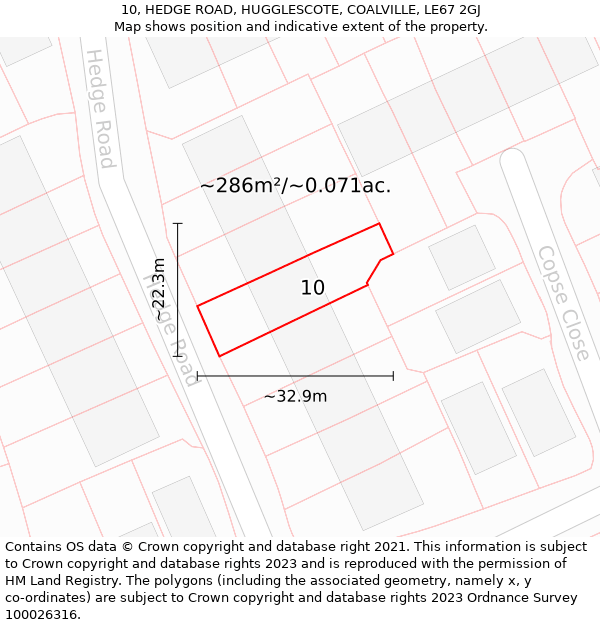 10, HEDGE ROAD, HUGGLESCOTE, COALVILLE, LE67 2GJ: Plot and title map