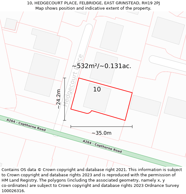 10, HEDGECOURT PLACE, FELBRIDGE, EAST GRINSTEAD, RH19 2PJ: Plot and title map