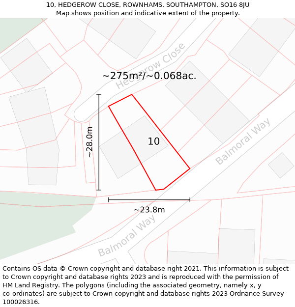 10, HEDGEROW CLOSE, ROWNHAMS, SOUTHAMPTON, SO16 8JU: Plot and title map