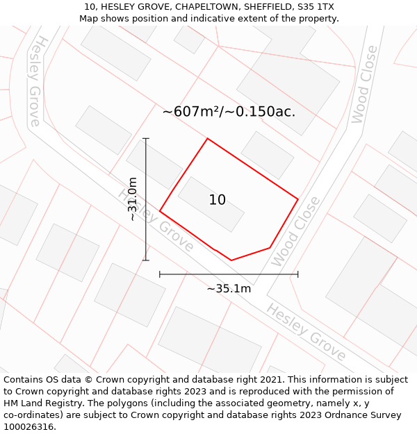 10, HESLEY GROVE, CHAPELTOWN, SHEFFIELD, S35 1TX: Plot and title map