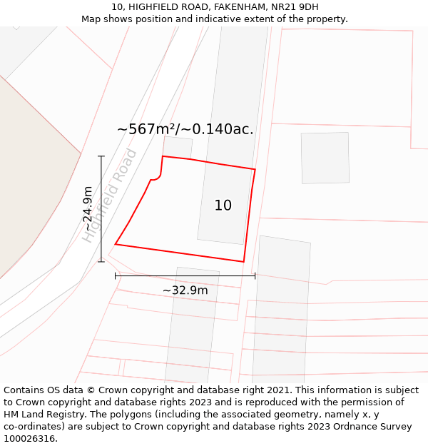 10, HIGHFIELD ROAD, FAKENHAM, NR21 9DH: Plot and title map