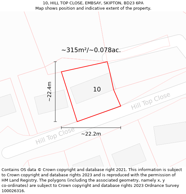 10, HILL TOP CLOSE, EMBSAY, SKIPTON, BD23 6PA: Plot and title map