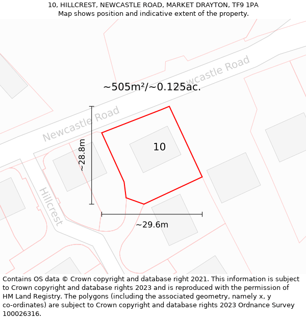 10, HILLCREST, NEWCASTLE ROAD, MARKET DRAYTON, TF9 1PA: Plot and title map