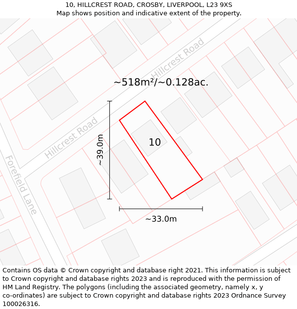 10, HILLCREST ROAD, CROSBY, LIVERPOOL, L23 9XS: Plot and title map