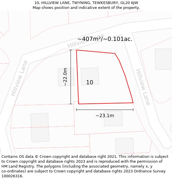 10, HILLVIEW LANE, TWYNING, TEWKESBURY, GL20 6JW: Plot and title map