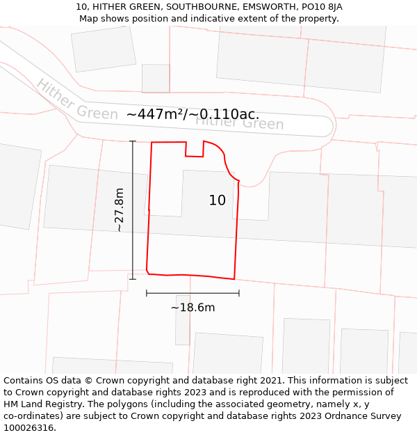 10, HITHER GREEN, SOUTHBOURNE, EMSWORTH, PO10 8JA: Plot and title map