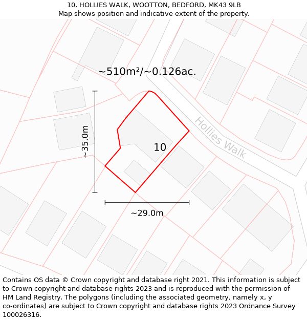 10, HOLLIES WALK, WOOTTON, BEDFORD, MK43 9LB: Plot and title map