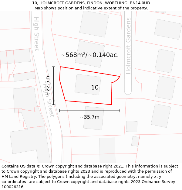 10, HOLMCROFT GARDENS, FINDON, WORTHING, BN14 0UD: Plot and title map