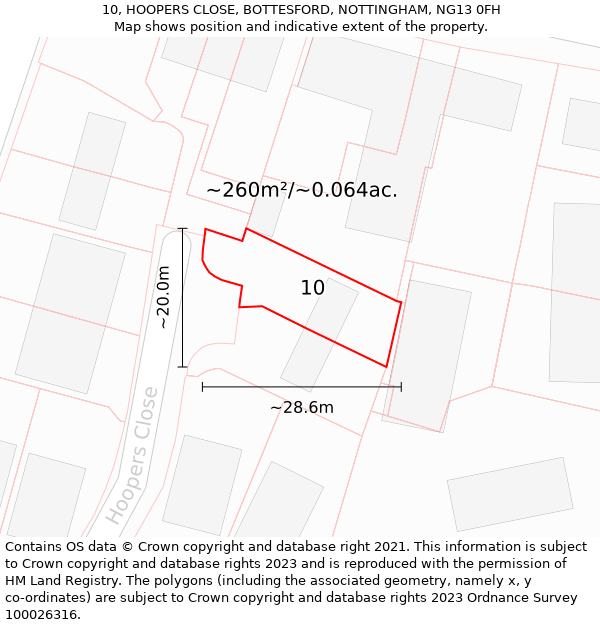 10, HOOPERS CLOSE, BOTTESFORD, NOTTINGHAM, NG13 0FH: Plot and title map