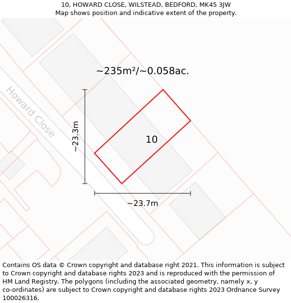 10, HOWARD CLOSE, WILSTEAD, BEDFORD, MK45 3JW: Plot and title map