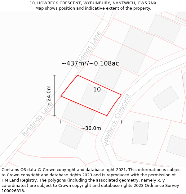 10, HOWBECK CRESCENT, WYBUNBURY, NANTWICH, CW5 7NX: Plot and title map