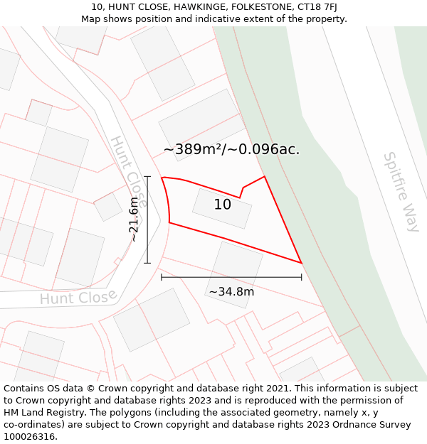 10, HUNT CLOSE, HAWKINGE, FOLKESTONE, CT18 7FJ: Plot and title map