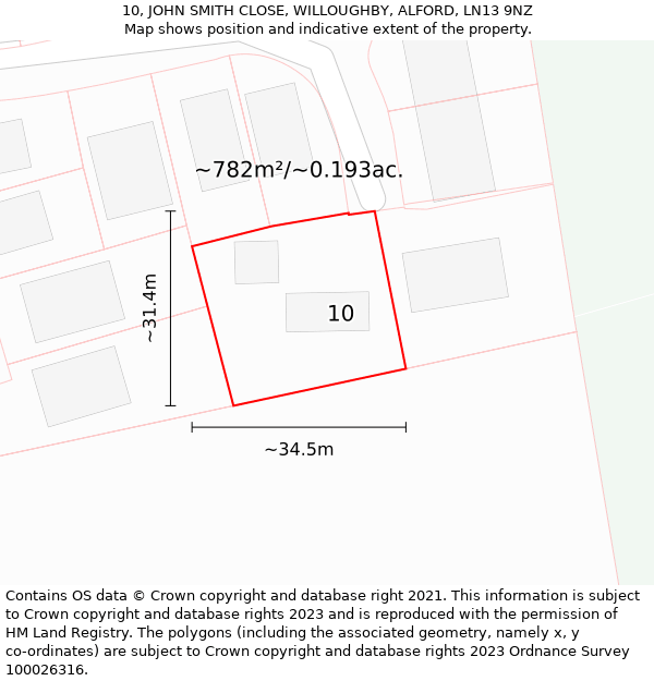 10, JOHN SMITH CLOSE, WILLOUGHBY, ALFORD, LN13 9NZ: Plot and title map