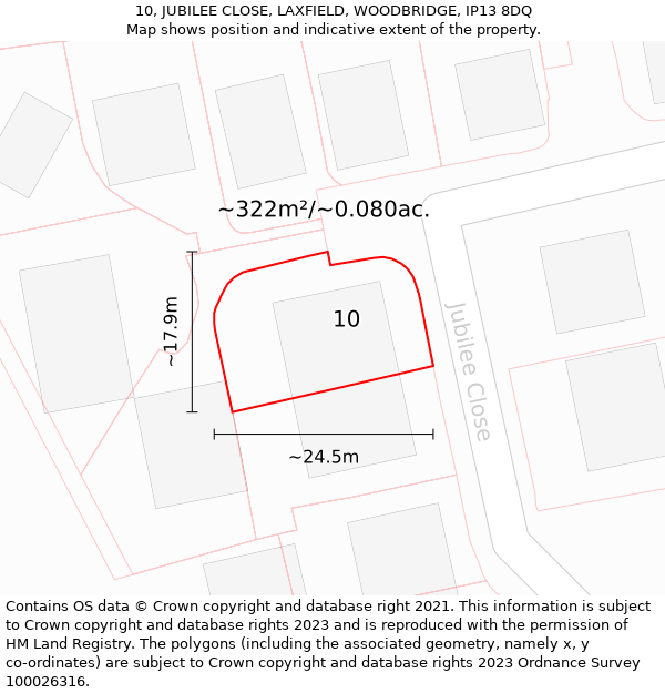 10, JUBILEE CLOSE, LAXFIELD, WOODBRIDGE, IP13 8DQ: Plot and title map