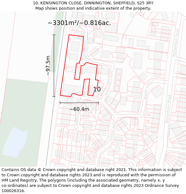 10, KENSINGTON CLOSE, DINNINGTON, SHEFFIELD, S25 3RY: Plot and title map