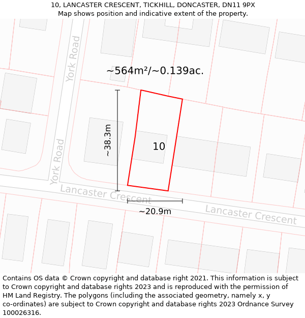 10, LANCASTER CRESCENT, TICKHILL, DONCASTER, DN11 9PX: Plot and title map