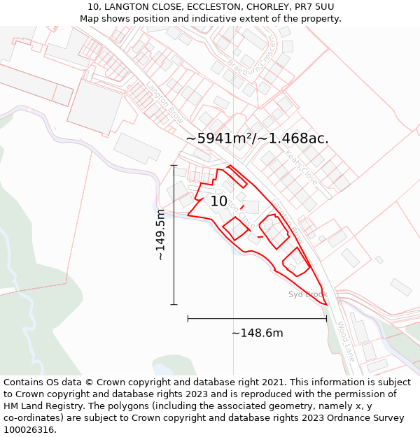 10, LANGTON CLOSE, ECCLESTON, CHORLEY, PR7 5UU: Plot and title map