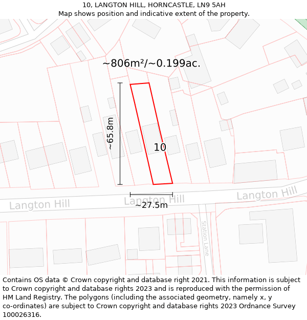 10, LANGTON HILL, HORNCASTLE, LN9 5AH: Plot and title map