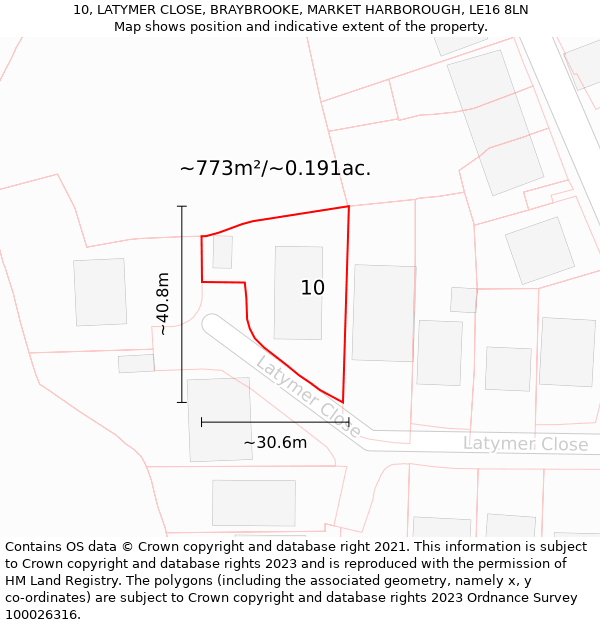 10, LATYMER CLOSE, BRAYBROOKE, MARKET HARBOROUGH, LE16 8LN: Plot and title map