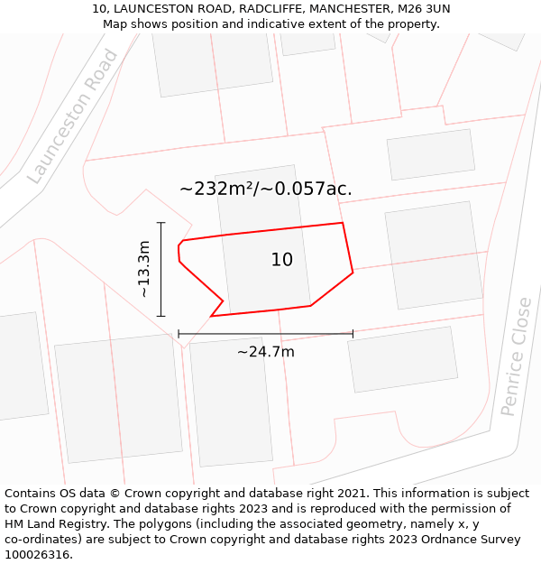 10, LAUNCESTON ROAD, RADCLIFFE, MANCHESTER, M26 3UN: Plot and title map