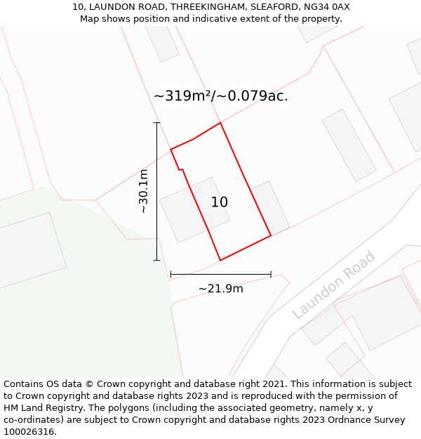 10, LAUNDON ROAD, THREEKINGHAM, SLEAFORD, NG34 0AX: Plot and title map