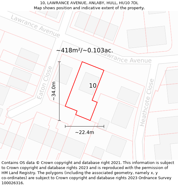 10, LAWRANCE AVENUE, ANLABY, HULL, HU10 7DL: Plot and title map