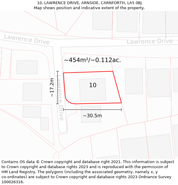 10, LAWRENCE DRIVE, ARNSIDE, CARNFORTH, LA5 0BJ: Plot and title map