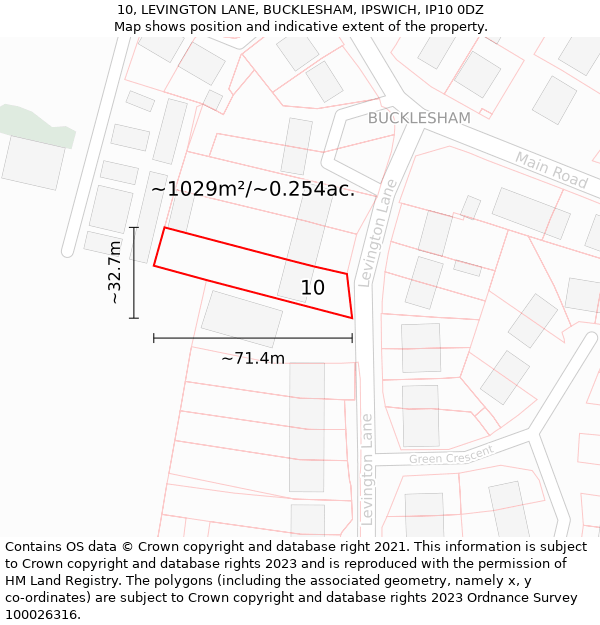 10, LEVINGTON LANE, BUCKLESHAM, IPSWICH, IP10 0DZ: Plot and title map