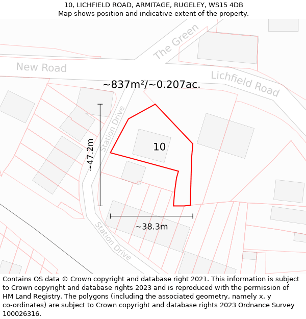 10, LICHFIELD ROAD, ARMITAGE, RUGELEY, WS15 4DB: Plot and title map