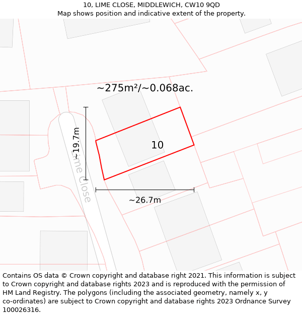 10, LIME CLOSE, MIDDLEWICH, CW10 9QD: Plot and title map