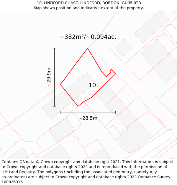 10, LINDFORD CHASE, LINDFORD, BORDON, GU35 0TB: Plot and title map