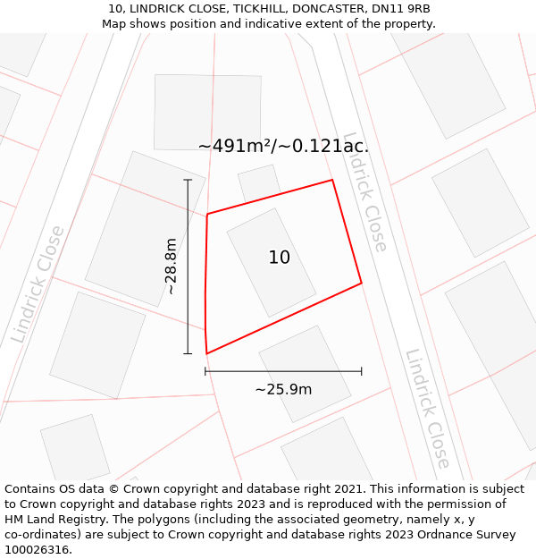 10, LINDRICK CLOSE, TICKHILL, DONCASTER, DN11 9RB: Plot and title map