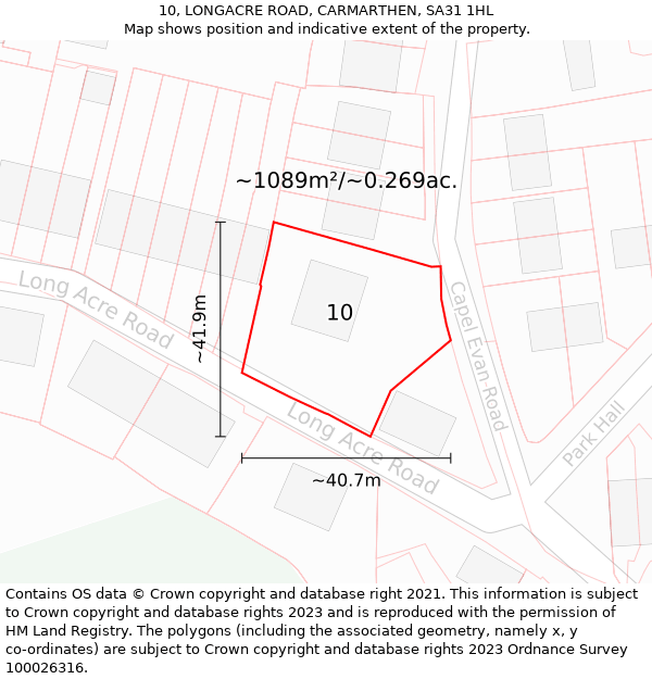 10, LONGACRE ROAD, CARMARTHEN, SA31 1HL: Plot and title map